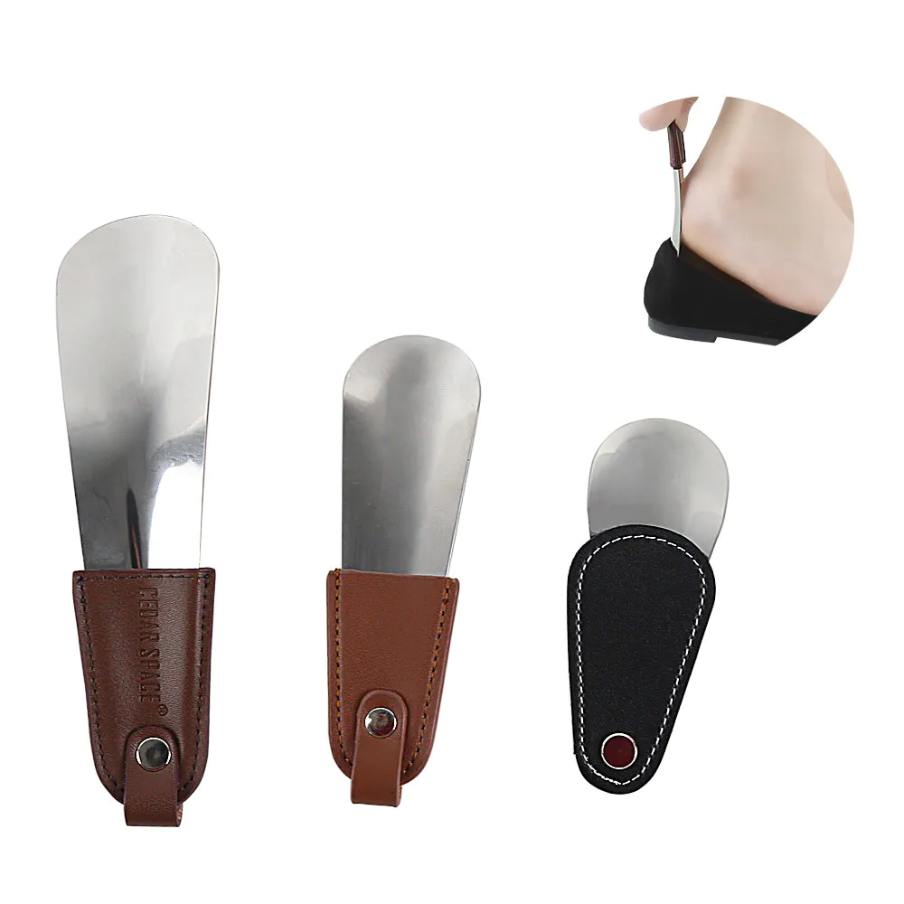 Home shoehorn stainless steel and real leather material easy to carry and wear shoes small home shoehorn
